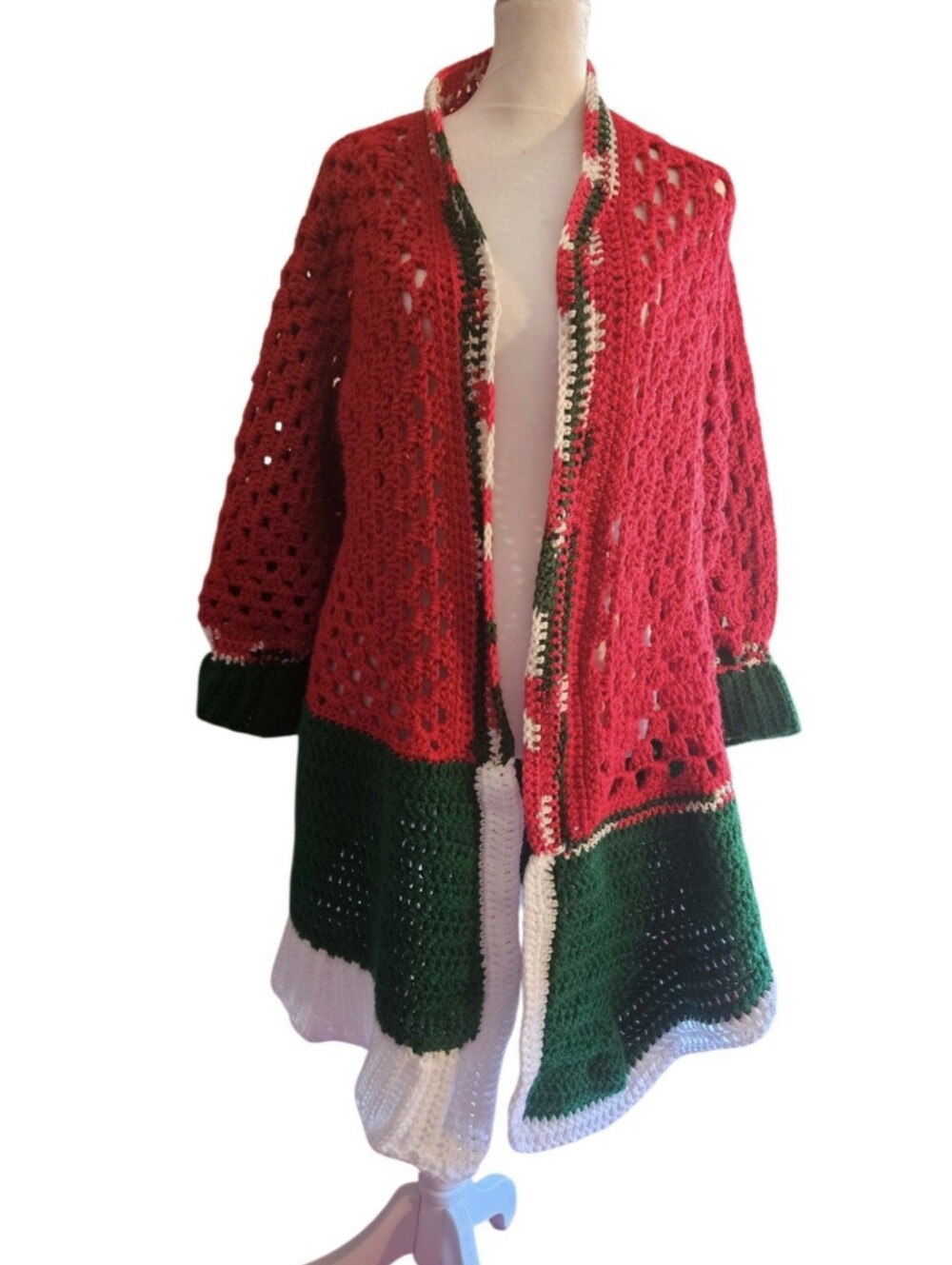Handmade Crochet Christmas Cardigan Red Green White Grannycore OOAK Sweater - Picture 3 of 17